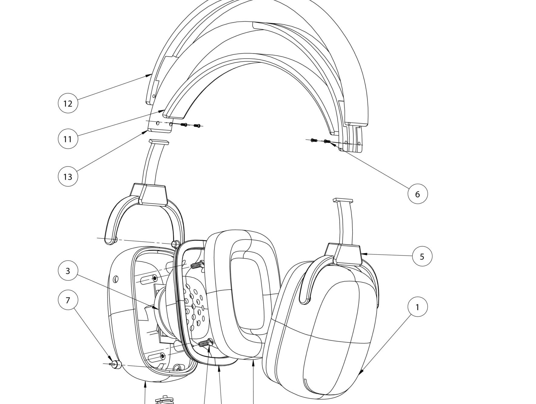 Exploded view of the headphones